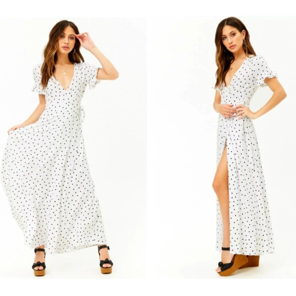 Surplice / Wrap White with Black Polka Dots Dress